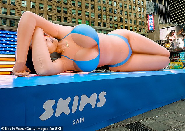 Kim Kardashian's SKIMS brand launched a giant 60-foot bikini balloon in Times Square to promote their latest swimwear collection